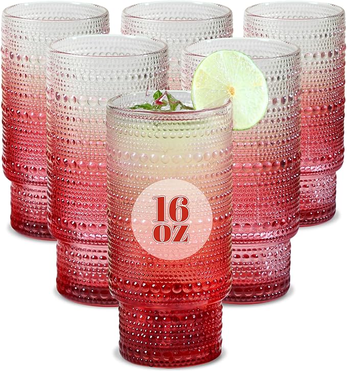 Large Capacity 16 oz Hobnail Drinking Glasses Set of 6, Vintage Glassware Drinking Glasses, Gradual Red Water Glasses Tumbler, Christmas Gifts for Women