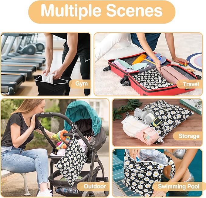 Wet Dry Bags 2 Pack,Waterproof Reusable Travel Bags for Swimsuits,Baby Cloth Diapers,Beach,Pool,Gym Bag & Wet Clothes with 2 Pockets -Daisy
