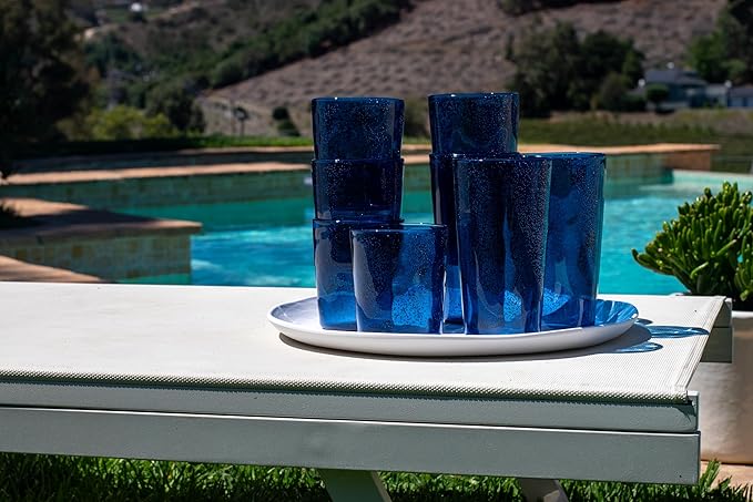 Fizz Bubbles Durable Acrylic 8-Piece Indoor/Outdoor Drinkware Set with Four 24 oz Jumbo Glasses and Four 17 oz Double Old Fashioned Glasses, Shatter-Resistant, Dishwasher-Safe - Blue