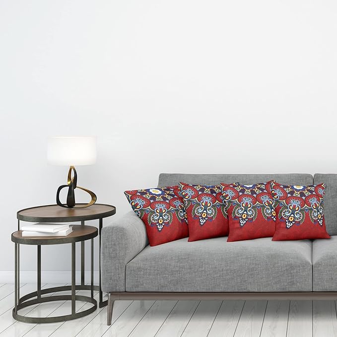 Ambesonne Mandala Throw Pillow Cushion Case Pack of 4, Color Jumble of Lace Like Flowers Leaves Swirls Vintage Illustration Folk Themed, Modern Accent Double-Sided Digital Printing, 20", Red
