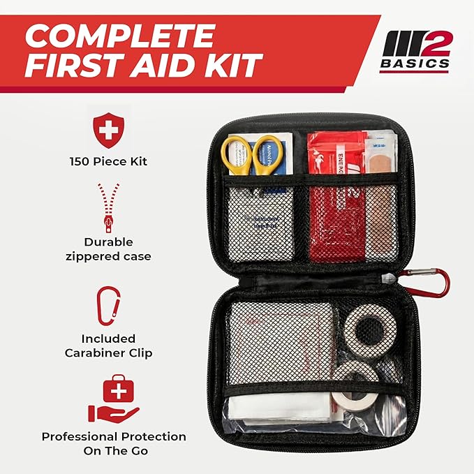 M2 BASICS Compact First Aid Kit, 150 Pieces, Portable Emergency Kit with Carry Bag and Carabiner for Travel, Car, Hiking, Purse