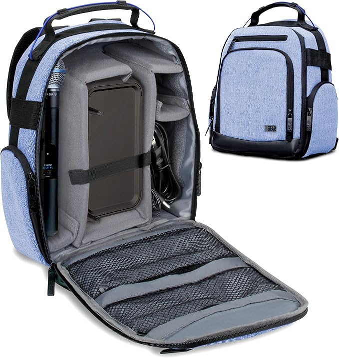 USA Gear Audio Equipment Backpack Fits Audio-Technica System 10, Shure BLX4 Microphone System, Sennheiser EW-DP & more Wireless Mic System - Wireless Microphone Bag Backpack for Recording Mics (Blue)