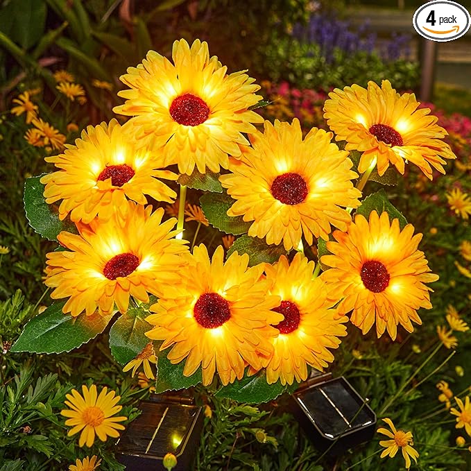 4 Pack Outdoor Solar Garden Lights with 16 Glowing Daisy Flowers & Stems, Waterproof Solar Flowers Lights for Outside Yard Patio Decor