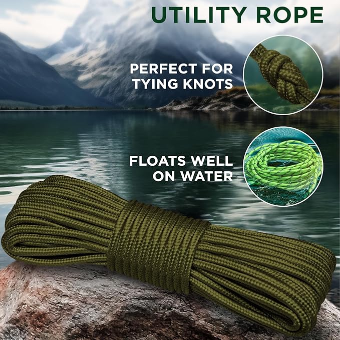 TECEUM Rope – 150 Feet x 1/4 Inch (7mm) – Army Green – Strong All-Purpose Utility Rope – Camping, Crafting, Flag Pole, Indoor & Outdoor – Polypropylene Nylon Poly Lightweight Diamond Braided Cord