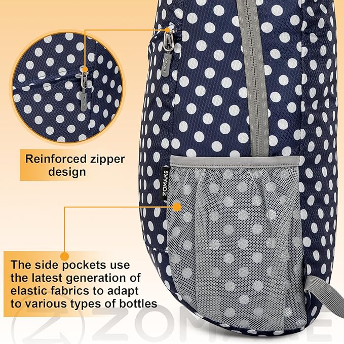 ZOMAKE Lightweight Packable Backpack,Foldable Backpacks Small Daypack for Hiking Water Resistant Day Bag for Travel(Navy Blue,White polka dots)