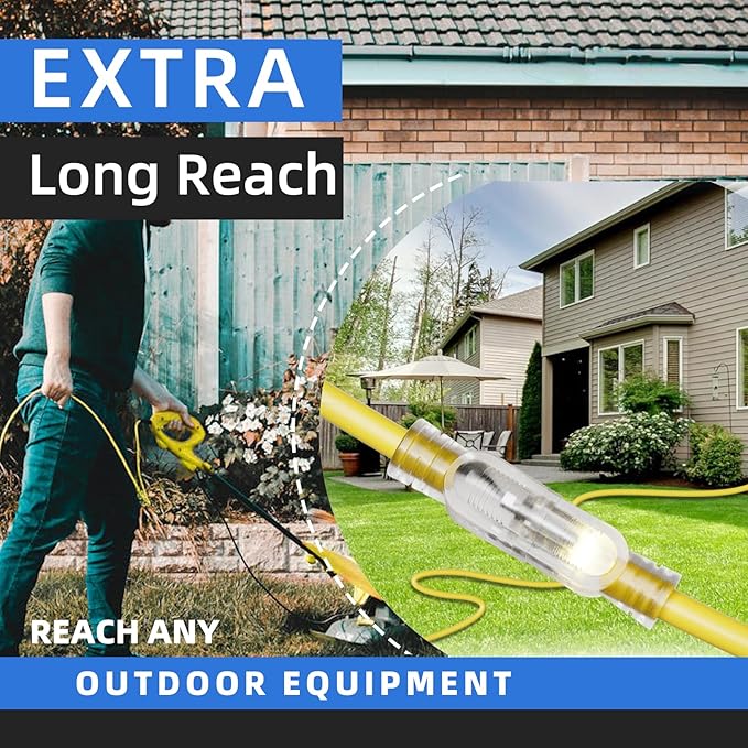 12 Gauge Outdoor Extension Cord 25 FT Waterproof, 3 Prong Plug, SJTW Heavy Duty 15A 1875W, Yellow Extension Cable with Lighted end for Commercial Use and Major Appliances, ETL Listed