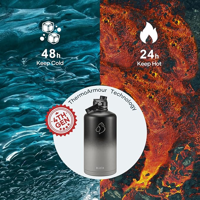 BUZIO Gallon Water Bottle Insulated, 128 oz Large Water Jug Vacuum Stainless Steel Big Metal Flask (Cold for 48 Hrs), Leak Proof & BPA-Free, with Straw and Spout Lids, Shadow