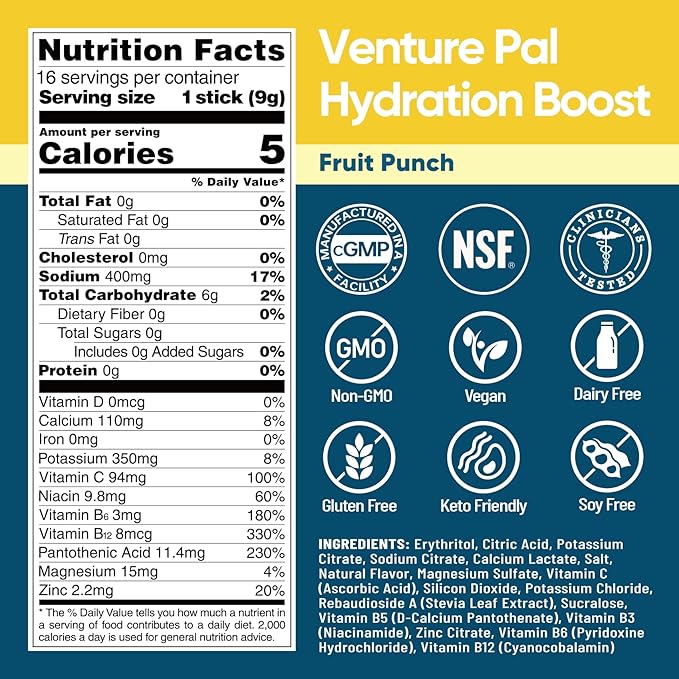 Venture Pal Sugar Free Electrolyte Powder Packets - Liquid Daily IV Hydration Packets for Rapid Rehydration | 7 Electrolytes & 5 Vitamins | Keto Friendly | Non-GMO | Vegan | Fast Dissolve | 16 Sticks
