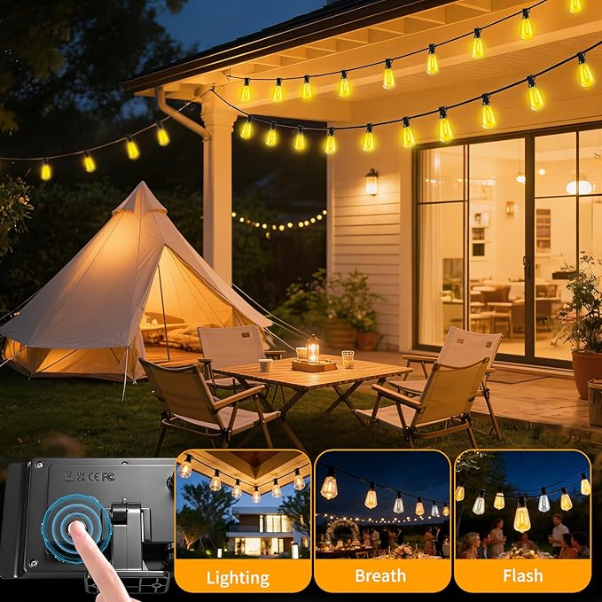 Solar Lights Outdoor Waterproof: ST38 100FT 30M Shatterproof Bulbs Patio Lights - Solar Powered & USB Charging- Remote Control 3 Light Modes Dimmable Solar Light - Camping Backyard Garden