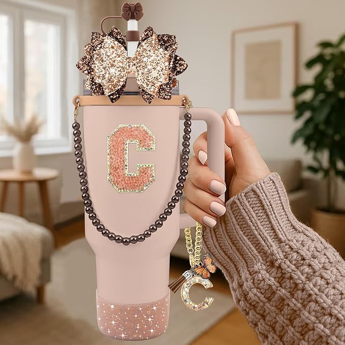 9PCS Brown for Stanley Cup Accessories Set Bling Initials Bow Charms for Stanley Decorations 30/40 Oz Tumbler Accessories Including Bow Straw Topper, Handle Strap, Spill Stopper（Letter C）