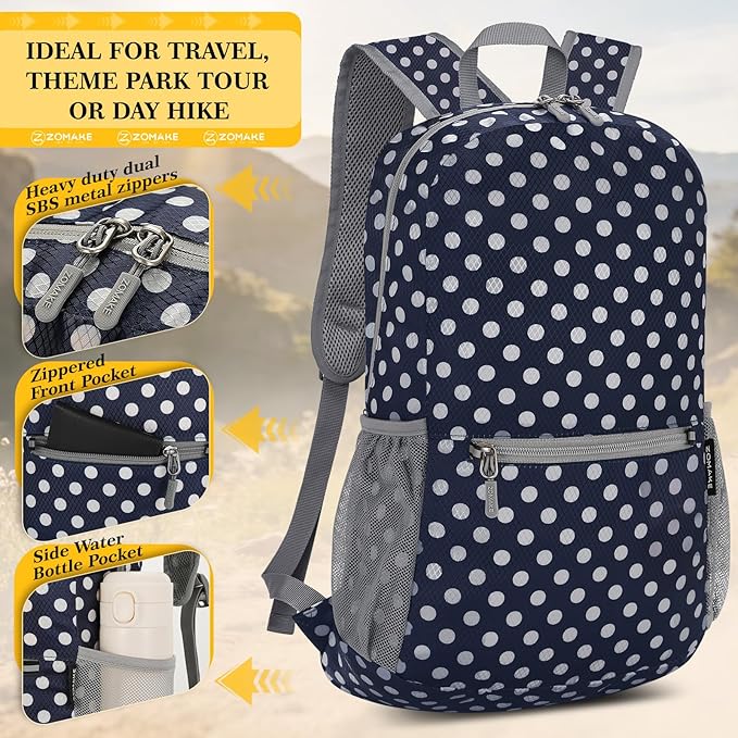 ZOMAKE Ultra Lightweight Hiking Backpack 20L, Packable Small Backpacks Water Resistant Daypack for Women Men(Navy Blue,White polka dots)