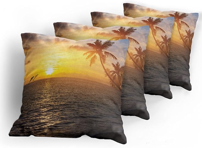 Ambesonne Beach Decorative Throw Pillow Case Pack of 4, Palm Trees in Tropical Island Beach Jumping Fishes and Majestic Sunset Image, Cushion Cover for Couch Living Room Car, 18", Bluegrey Yellow