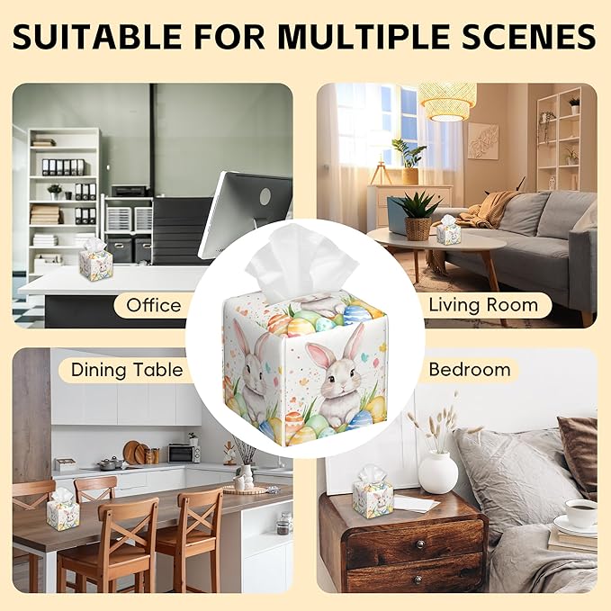 Tissue Box Cover Square,Cute Easter Rabbit and Eggs Tissue Box Holder Waterproof Leather Facial Paper Case Modern Home Decoration for Bedroom Dresser Night Stand Office Desk