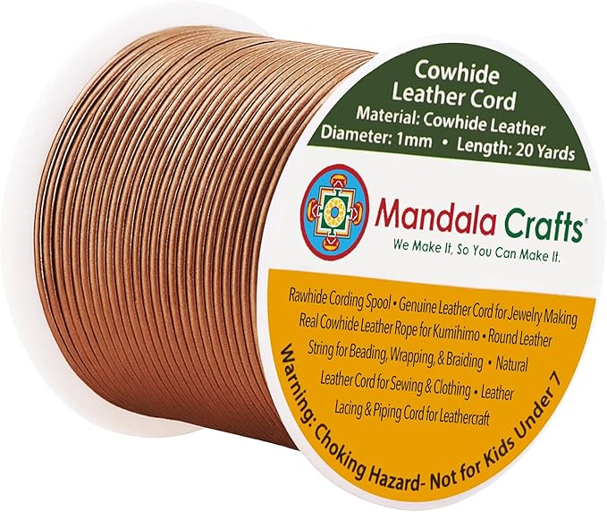 Mandala Crafts Round Genuine Bronze Leather Cord for Jewelry Making – 1mm Cowhide Leather Rope String Lace for Kumihimo – 20 Yards Cowhide Craft Cording Spool