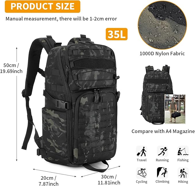 HUNTVP Tactical Backpack for Men 35L Military Backpack MOLLE 1000D Army Daypack 3 Day Bug Out Bag for Work Camping Hiking Outdoor, Camo