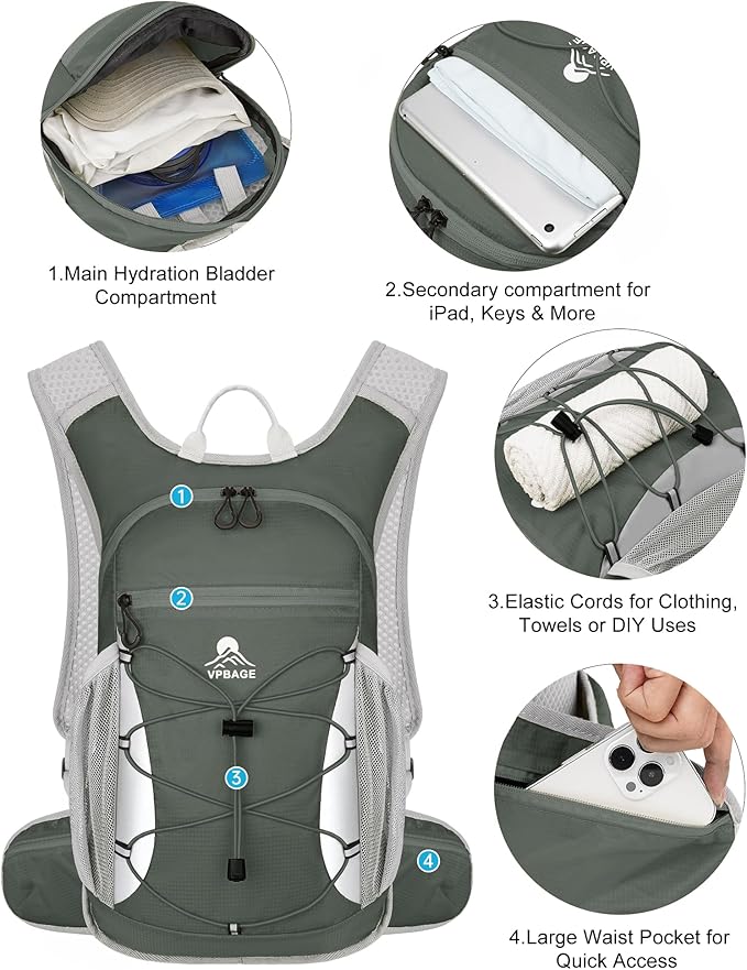 Hydration Backpack with 2L Water Bladder - Lightweight 15L Daypack with Phone-Sized Hip Belt Pockets, Anti-Chafe Cotton Edging & No-Bounce Straps - Small Water Backpack for Hiking, Running, Skiing