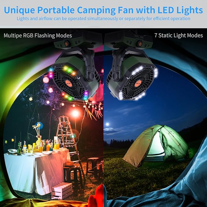 WESTTREE Camping Fan 20000mAh Rechargeable Battery Operated fan Outdoor Tent Fan with Light & Hook, knob Speeds, Personal USB Desk Fan for Camping, Power Outage Jobsite Green X68
