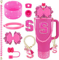 9PCS Hot Pink for Stanley Cup Accessories Set Bling Initials Bow Charms for Stanley Decorations 30/40 Oz Tumbler Accessories Including Bow Straw Topper, Handle Strap, Spill Stopper（Letter S）