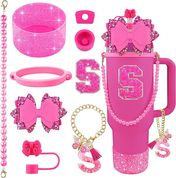 9PCS Hot Pink for Stanley Cup Accessories Set Bling Initials Bow Charms for Stanley Decorations 30/40 Oz Tumbler Accessories Including Bow Straw Topper, Handle Strap, Spill Stopper（Letter S）
