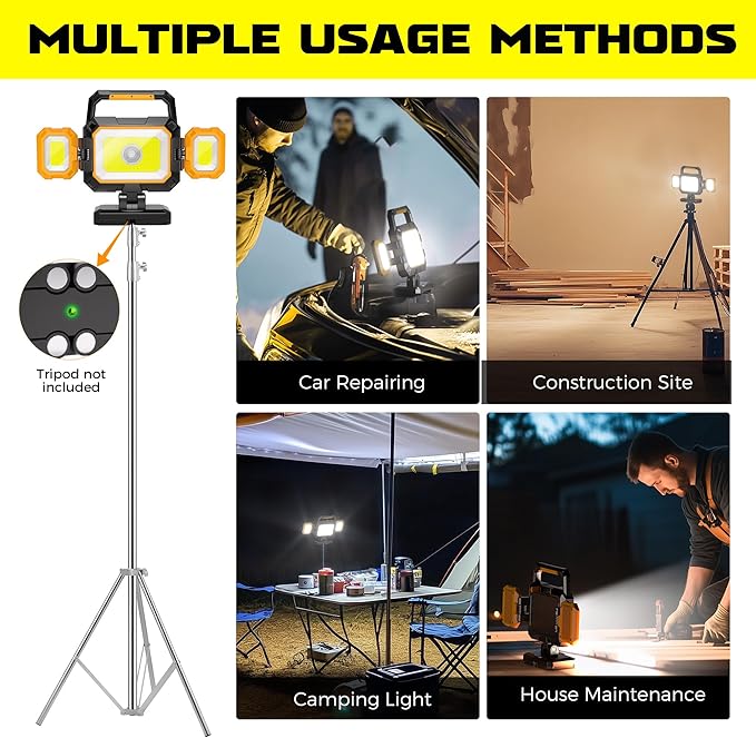 YZONI 40W Rechargeable Work Light, 4000LM Magnetic LED Work Light with 6 Modes, Battery Powered Portable Mechanic Lights with 360°Rotate Foldable Design for Auto Car, Garage, Workshop
