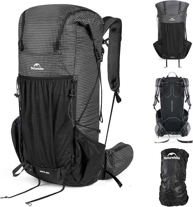 Naturehike 60L Rock 2.0 Upgraded Internal Frame Hiking Backpack for Outdoor Camping Travel Lightweight Backpacking with Rain Cover Ultralight Backpack for Adults(Black/L/60L)