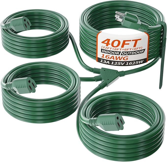 PlugSaf 1 to 3 Splitter Outdoor Extension Cord with Multiple Outlets; 40FT Total(22+6+6+6) 28FT End to End; 16/3 SJTW Green Extension Cord Outdoor Waterproof for Halloween Christmas; 16AWG 1625W ETL