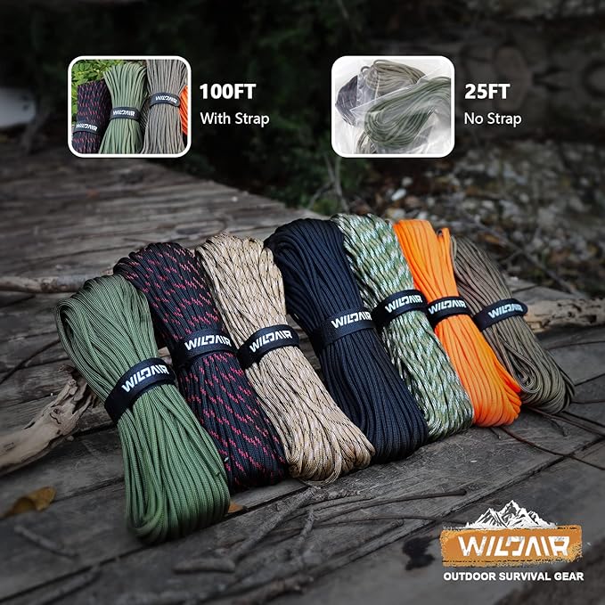 WILDAIR Paracord Survival Paracord Parachute Fire Cord Survival Ropes 4-in-1 U.S. Military Type III with Integrated Fishing Line Fire-Starter Tinder