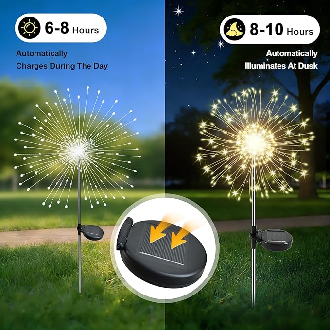 Solar Garden Lights Outdoor, 2 Pack 120 LED Twinkling Firework Lights Decorative with 2 Modes, Outdoor Waterproof Solar Starburst Light for Yard Pathway Planter Patio Decor, Warm White