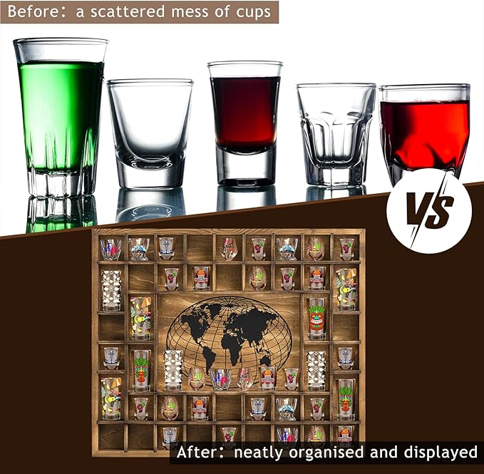 GlikCeil 44 Slots 28 x 23'' Medium World Map Shot Glass Display Case Rustic Wood Shot Glass Holder for Different Size Wineglass Bar Shelf Organizer Storage Cabinet Decor