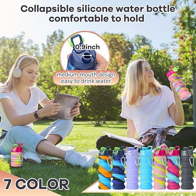 Sunnyray 14 Pack Collapsible Water Bottles Travel 17oz Silicone Portable Foldable Bottles Leak Proof Reusable Sports Cups with Clip for Camping Hiking Cycling Outdoor(Dark Color)