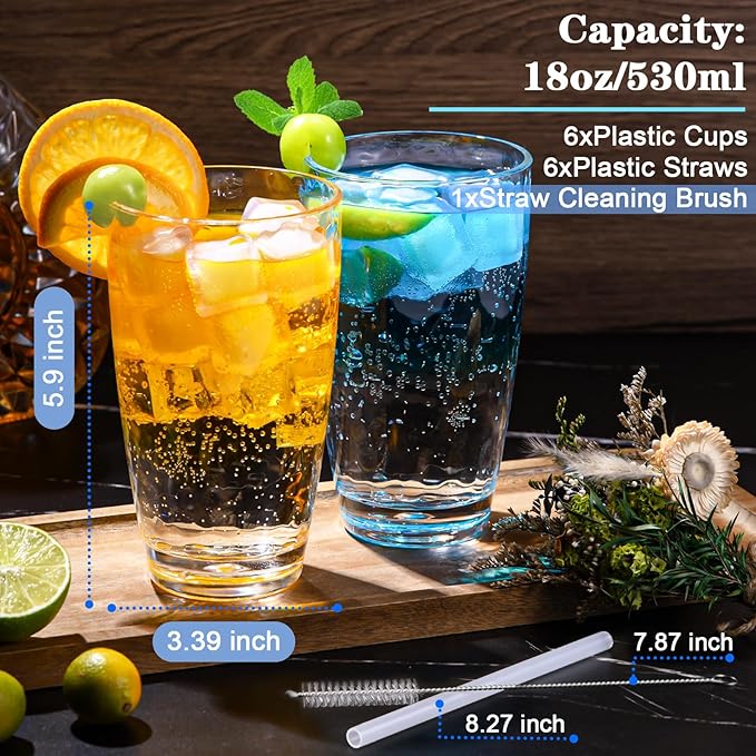 6 Pcs Plastic Drinking Tumblers Set of 18 oz, Acrylic Drinking Glasses with Straw&PP Brush, BPA-Free, Stackable Water Cups, Clear Cups for Juice, Wine (18 oz-6 pcs)