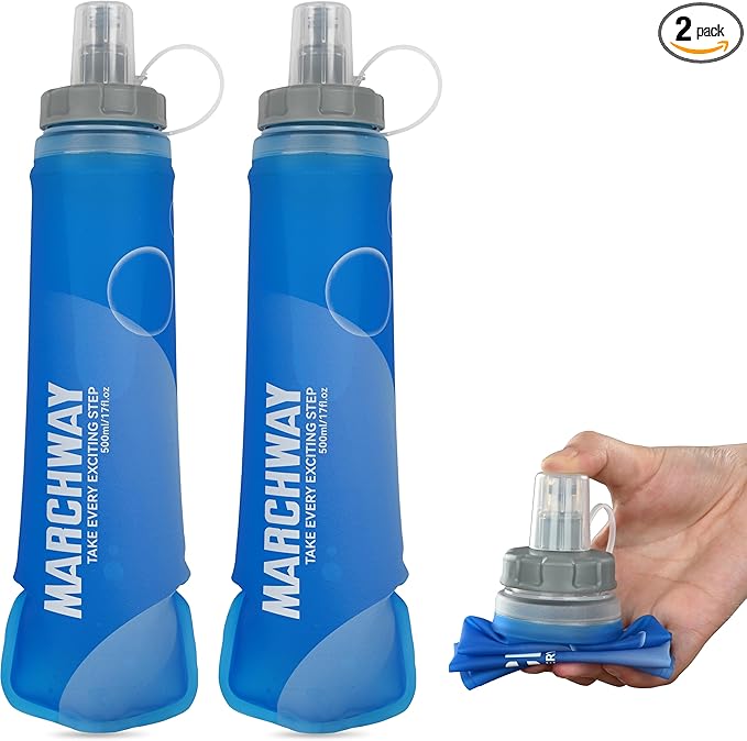 MARCHWAY Soft Hydration Flask with Wide Mouth, 300ml/500ml Collapsible TPU Water Bottle, Leakproof Portable Flexible for Running, Hiking, Cycling, Climbing, Gym, Travel (2pcs Dark Blue 500ml)