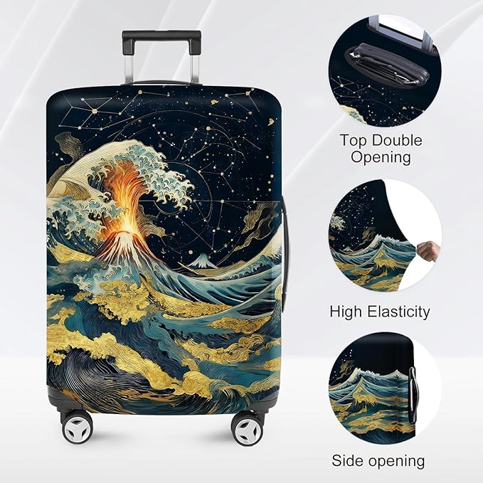 ANNA QUEEN Ocean Waves Travel Luggage Cover -Stretchable Airplane Suitcase Protector Sleeve,Universal Washable Fit for 20-22 Inch Checked Baggage,Water Resistant Durable Luggage Protector,S