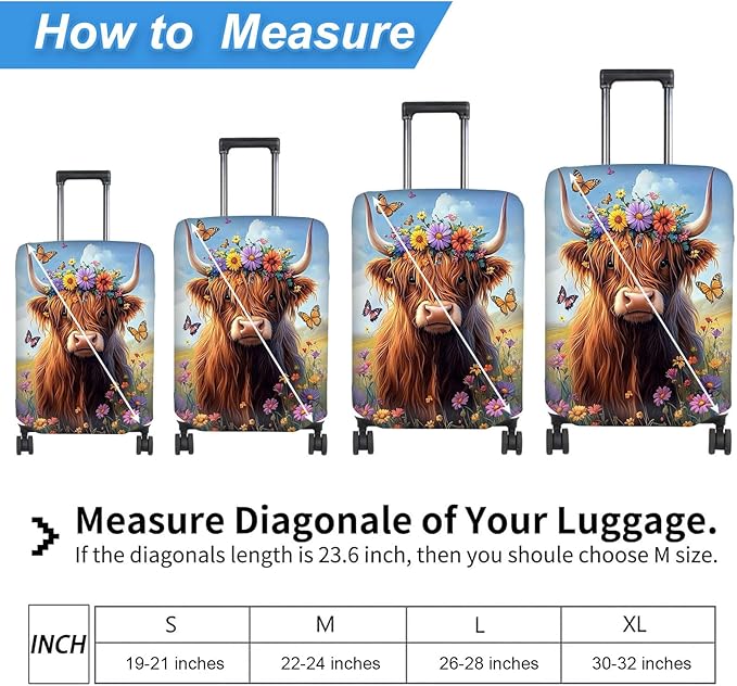 Luggage Cover Protector for 26-28 Inch Suitcases, TSA Approved Elastic Travel Suitcase Covers, Anti-Scratch Washable Luggage Sleeve for Carry On & Checked Bags, Cute Highland Cow