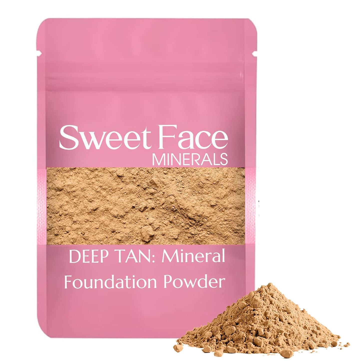 (12 Gram Bag) (Deep Tan) Foundation Powder Refill By Sweet Face Minerals, Lightweight Mineral Loose Makeup Powder with SPF 20, Full Coverage Flawless Finish, Talc-free, Cruelty-Free, Refillable Pouch