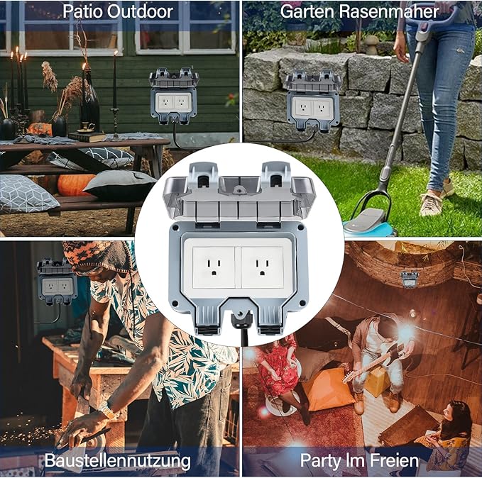 Outdoor Power Outlet Box with 16.4Ft Extension Cord, NEMA 5-15R, STW 14 AWG, Weatherproof Waterproof IP66 Electrical Outlet Extender, Exterior Wall Power Socket w/Cover for Garden
