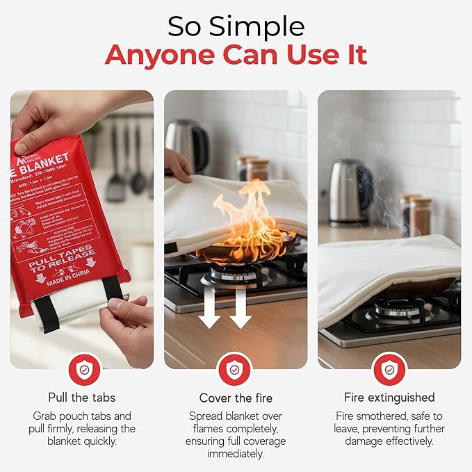 Sierra Madre Emergency Fire Blanket for Home and Kitchen – 100% Fiberglass Fire Suppression Blanket (40x40) for Car, Office & Camping – Instantly Smothers Flames – Lightweight & Reusable (Pack of 4)