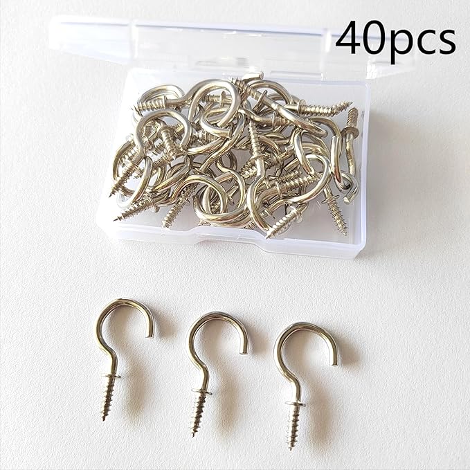 Set of 40 Nickel Plated Metallic Silver Cup Hooks - Small, 7/8 Inch Delicate Size, Versatile Threaded Ceiling Hooks & Silver Screw Hooks for Multi-Purpose Use