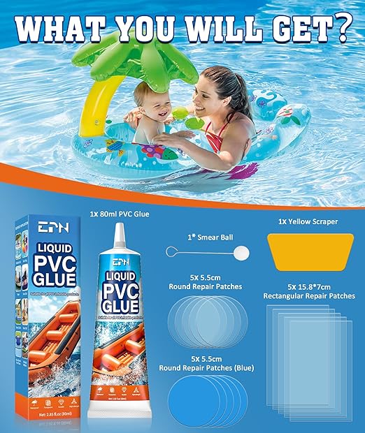 EPN Air Mattress Patch Kit, Waterproof Vinyl Pool Liner Repair Kit for Inflatables, Air Mattress, Swimming Ring, Tent, Bounce House, Inflatable Toys, Hot Tub, PVC Boat, Raft, Kayak (80 ML)