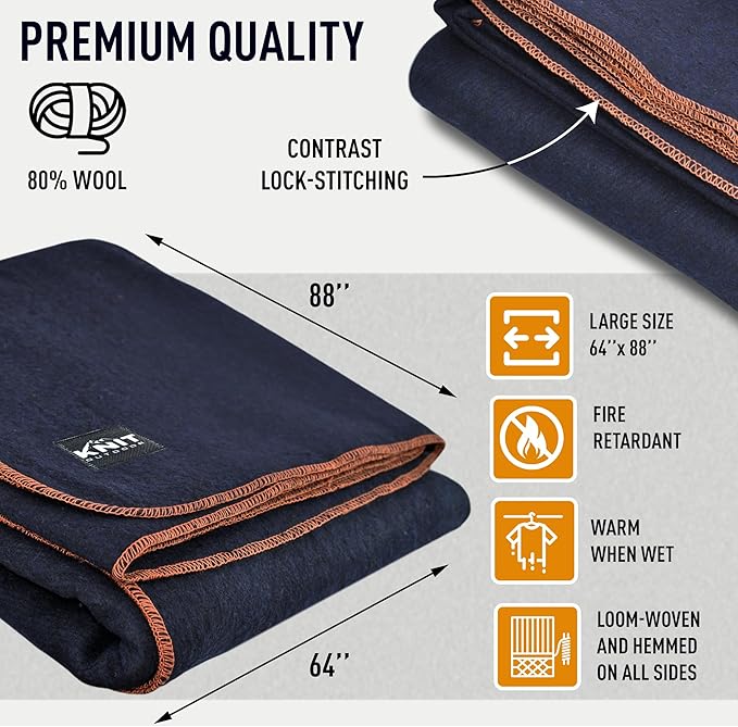Large Military Wool Blanket - Warm & Thick Emergency Survival Blanket Great for Camping, Outdoors, Sports Events, Picnics, 4.5 lbs, 64" x 88" (Navy)