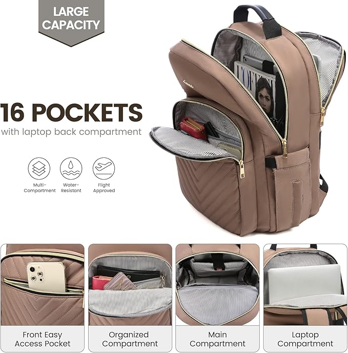 LOVEVOOK Laptop Backpack for Women 17.3 inch,Cute Womens Travel Backpack Purse,Professional Laptop Computer Bag,Waterproof Work Business College Teacher Bags Carry on Backpack with USB Port,Brown