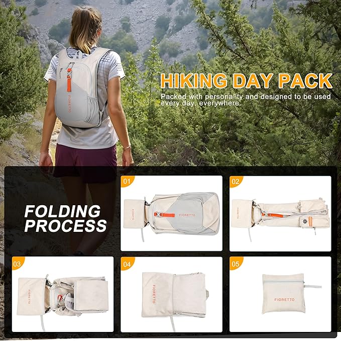 FIORETTO 15L Hiking Backpack for Women Men Mini Packable Backpack Lightweight Small Daypack for Camping Travel Outdoor, Beige