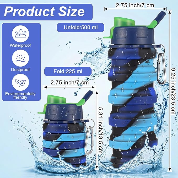 5 Pack Foldable Water Bottles, 16 oz Silicone Reusable Foldable Water Bottle, Portable Leak Proof Travel Sports Bottle with Metal Clip for Camping Hiking Gym, Colorful