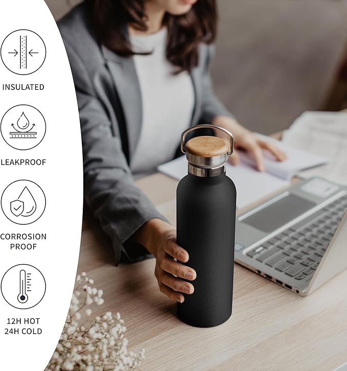 Bambaw 12 oz Insulated Water Bottle, Double Wall Metal Water Bottle Stainless Steel for School, Work & Gym, Wide Mouth, Leak-Proof, Keeps Drinks Cold for 24h Cold and Hot for 12h (Jet Black)