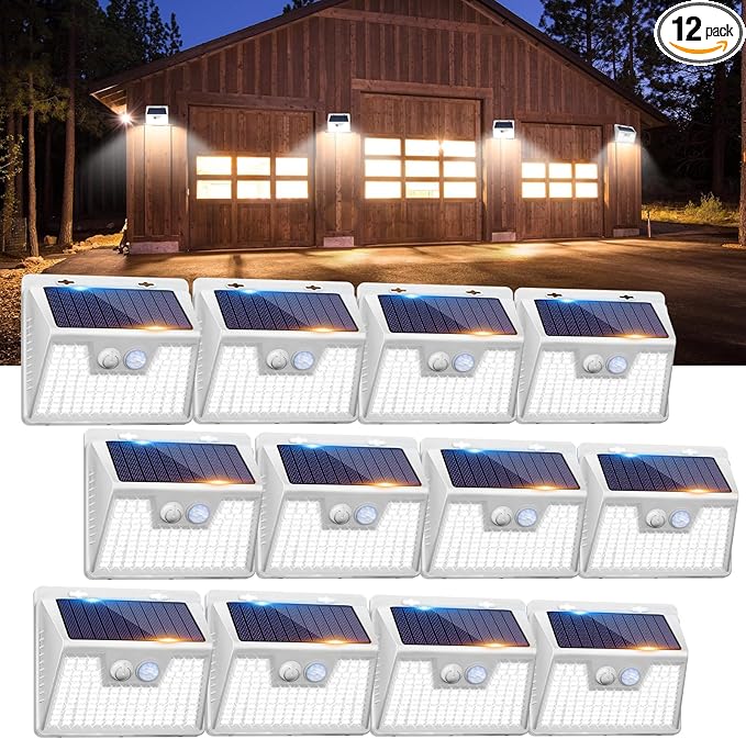 Peasur Solar Lights Outdoor Waterproof [12 Packs/140 LEDs], 3 Lighting Modes Motion Sensor Ultra Bright Security Lights for Outside Fence Patio Deck[White]