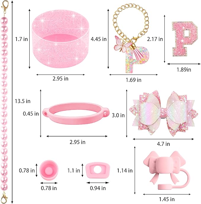 9PCS Pink for Stanley Cup Accessories Set Bling Initials Bow Charms for Stanley Decorations 30/40 Oz Tumbler Accessories Including Bow Straw Topper, Handle Strap, Spill Stopper（Letter P）