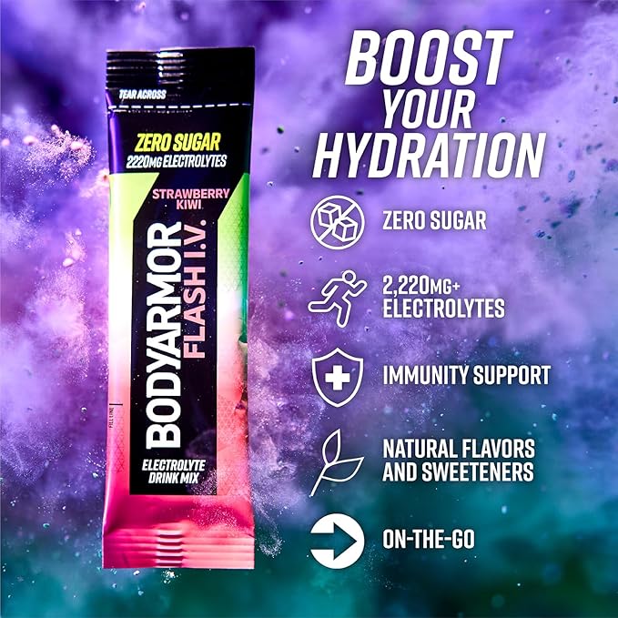BODYARMOR Flash IV Electrolyte Packets,Strawberry Kiwi - Zero Sugar Drink Mix,Single Serve Packs,Coconut Water Powder,(Pack of 30)