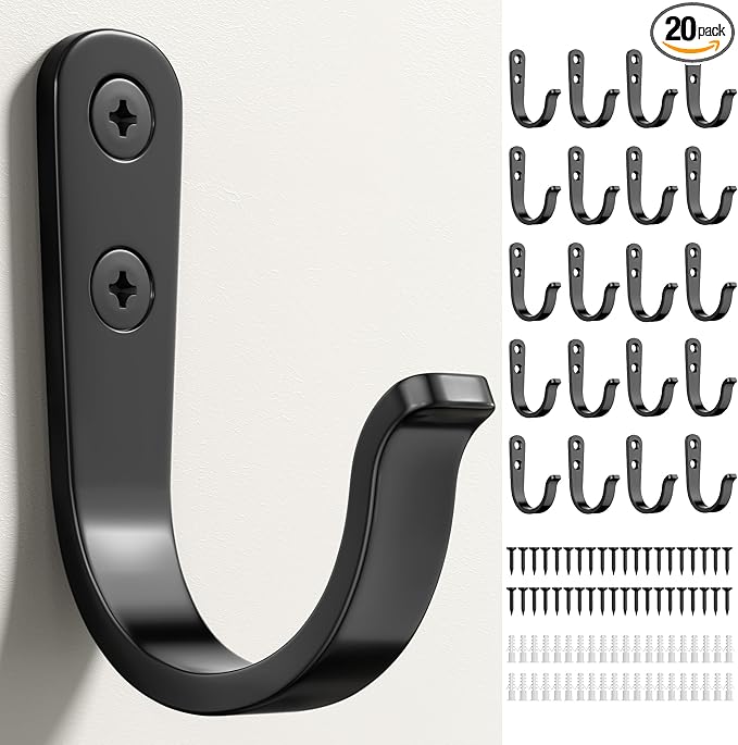 20Pcs Wall Hooks for Bathroom, Kitchen, Closet, and Garage - Black Metal Hooks for Hanging Coats, Towels, Hats, Keys, Bags, and Coffee Cups - Holds Up to 40 lbs