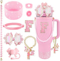 9PCS Pink for Stanley Cup Accessories Set Bling Initials Bow Charms for Stanley Decorations 30/40 Oz Tumbler Accessories Including Bow Straw Topper, Handle Strap, Spill Stopper（Letter F）