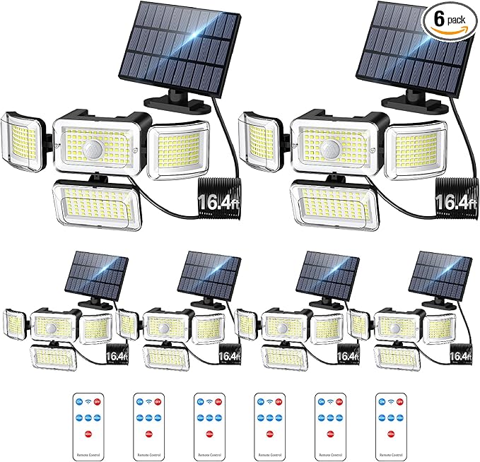 CLAONER Solar Outdoor Lights Motion Sensor 3500LM 288 LED Solar Security Lights with Remote Control IP67 Waterproof 4 Heads Flood Lights with 16.4ft Cable 4 Modes Wall Lights(6 Pack)